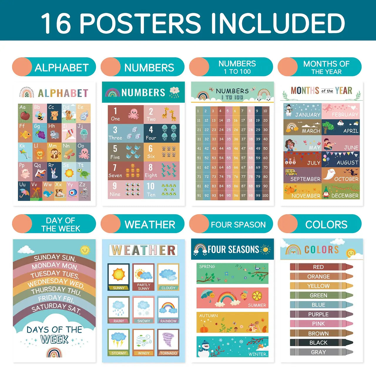 Set 16 Póster de Aprendizaje Niños