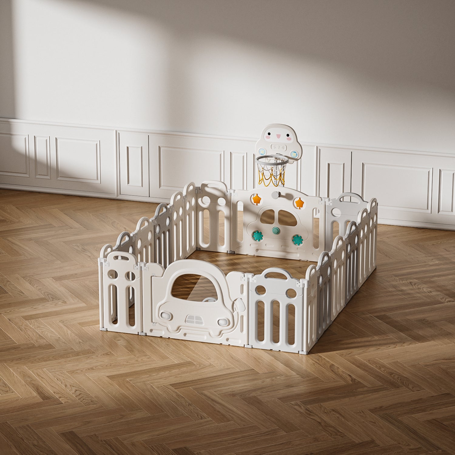 Corral bebé plegable 163x203cm + basquet | Diseño autito