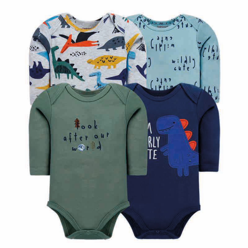 Set 4 Bodys Manga Larga Dino azul